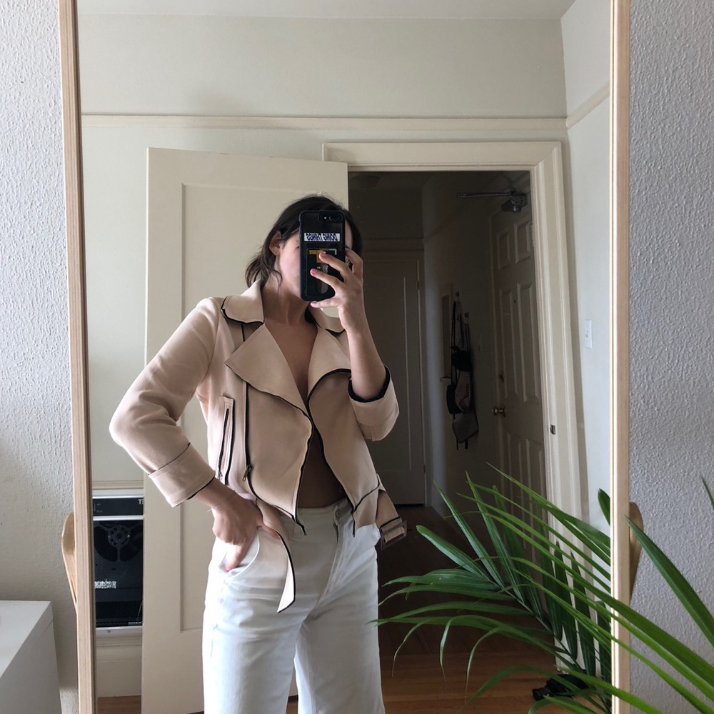 Light pink faux suede modern moto jacket